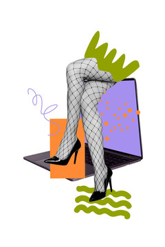 Vertical poster collage young sexy erotic woman legs net stockings laptop computer modern technology media ecommerce social media