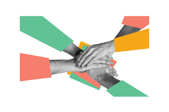 Creative collage picture human hands teamwork cooperation unity support each other friendship put hands body fragment drawing background