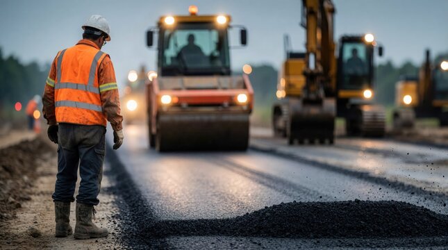Construction worker supervising heavy asphalt road paving equipment during daylight hours