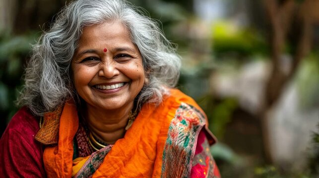 Smiling elderly woman with gray hair, wearing vibrant orange and red traditional attire, poses warmly in a lush garden, radiating joy and cultural heritage through her expression