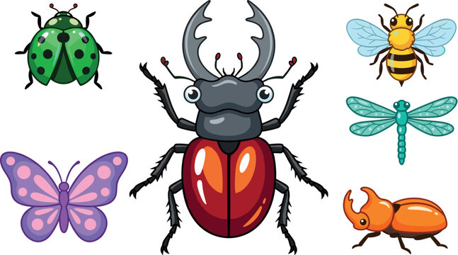 Cute insects vector collection featuring cartoon stag beetle ladybug butterfly honey bee dragonfly and rhinoceros beetle illustrations isolated on white background for kids education graphic design