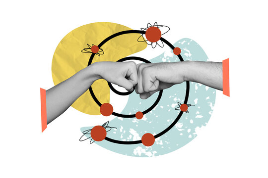 Composite photo collage of people two hands fist kick together bump boom collaboration worker partnership isolated on painted background