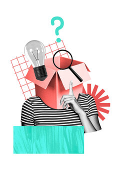 Vertical collage image headless person showing figer gesture carton box magnifying loop lightbulb dilemma solve drawing background