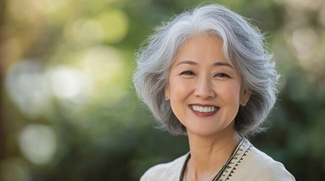 Smiling elderly Asian woman with gray hair, wearing a light-colored blouse, stands outdoors surrounded by lush greenery, radiating warmth and positivity in a serene environment