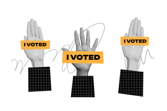 Composite photo collage of people hands crowd i voted ballot card election agitation citizen referendum isolated on painted background
