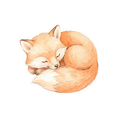 Naklejka premium Cute sleeping baby fox cub curled up watercolor illustration isolated on black background