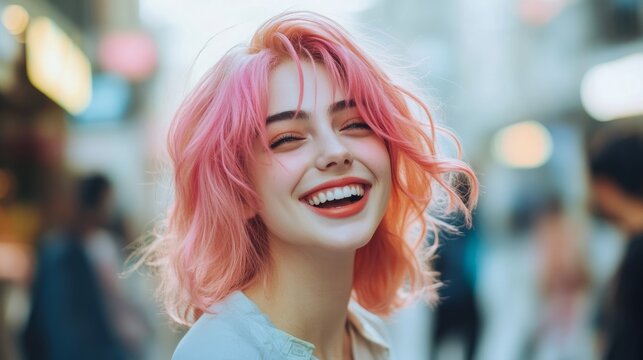 Young woman with vibrant pink hair is smiling joyfully in a bustling urban environment, surrounded by blurred figures and colorful lights, capturing the essence of happiness and youth