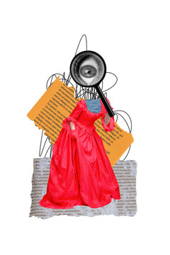 Vertical art creative trend collage of anonym duchess girl magnifier lens eyeball stare page paper sheet reader zoom brogue dress