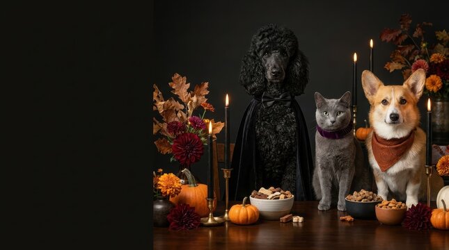 Halloween pets with corgi dog grey cat and black poodle sitting by pumpkins and candles.
