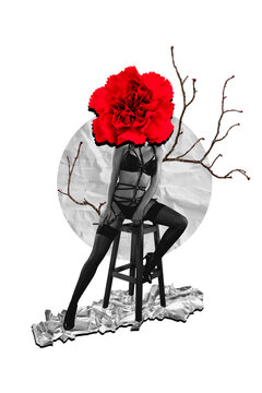 Vertical photo collage of sexy anonym girl sit chair instead head flower passion  hot lingerie panties tree isolated on painted background
