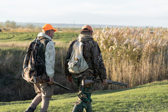 A hunters in camouflage clothing with a gun in his hands walks along the reeds.