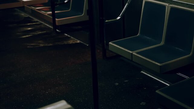 A subway car is empty during the late hours of the night. The seats are arranged in a row with dim lighting creating shadows. The floor shows signs of wear.