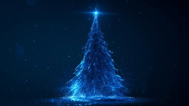 Abstract blue Christmas tree with glowing star and digital light particles against a dark winter background, creating a festive atmosphere for holiday celebrations and seasonal design