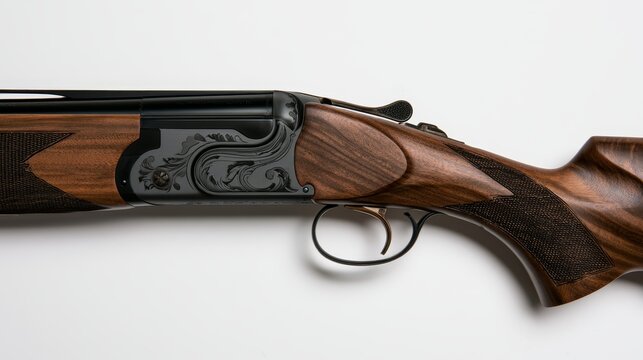 Angled close-up view of a shotgun trigger and wooden stock, highlighting firearm design, mechanical details, traditional construction, craftsmanship, and hunting equipment