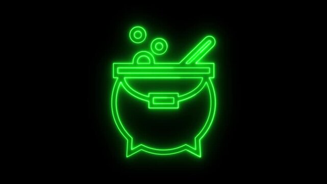 Glowing neon green witch cauldron icon isolated on a solid black background