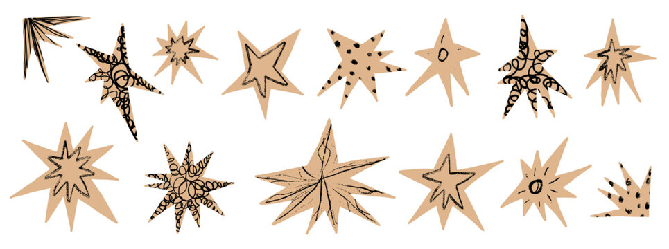 Retro cutout stars on kraft paper with torn edges for scrapbook collage. Beige journal blink doodle and rough sketch element in a vintage set. Vector star cutout collection isolated for craft notebook
