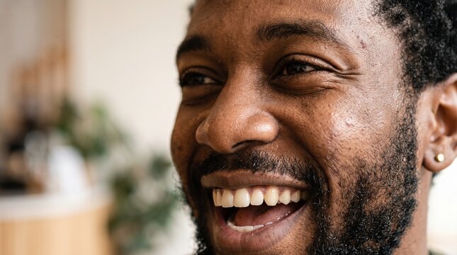 Close up portrait of a happy African American man laughing naturally in a bright room