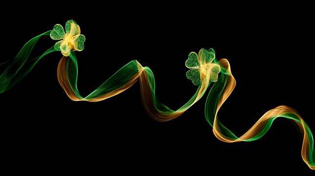 Green and gold shimmering light trails with four leaf clovers, festive Saint Patrick's Day background symbolizing luck, celebration, prosperity, magic, Irish tradition, and joyful holiday atmosphere