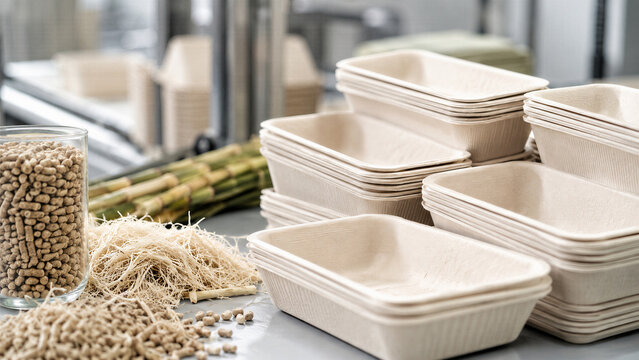 Stacked biodegradable food containers made from sugarcane bagasse fiber with raw material pellets on factory table. Sustainable eco packaging production and circular economy concept