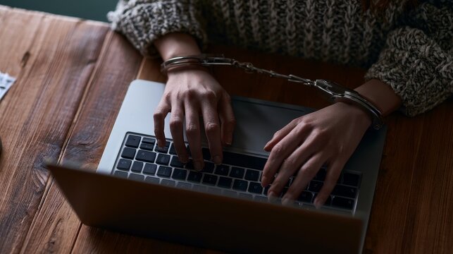 Handcuffed hands typing on a laptop, close-up concept of digital crime, cyber investigation, law enforcement, restricted access, online security, legal control, and technology