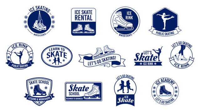 Vintage ice skating badges set. Retro ice rink logos, figure skating seals, skate rental emblems and public skating labels. Winter sports and activity vector illustration set. Cold season and academy 