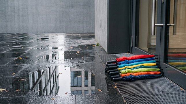 Colorful umbrellas stacked by a modern building entrance on a rainy day