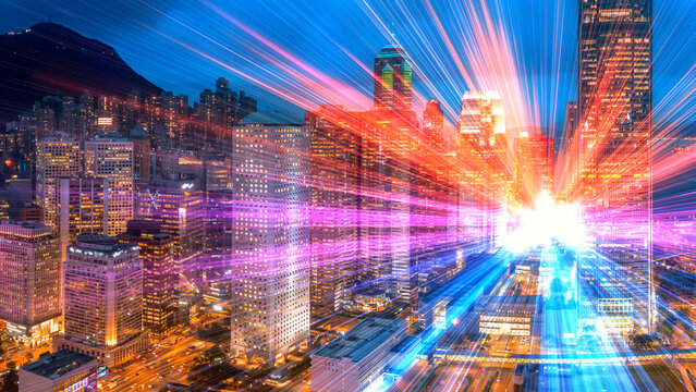 Dynamic 3D render of a vibrant Hong Kong cityscape with light trails