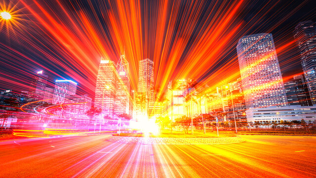Dynamic 3D render of a fast-moving Hong Kong cityscape at night