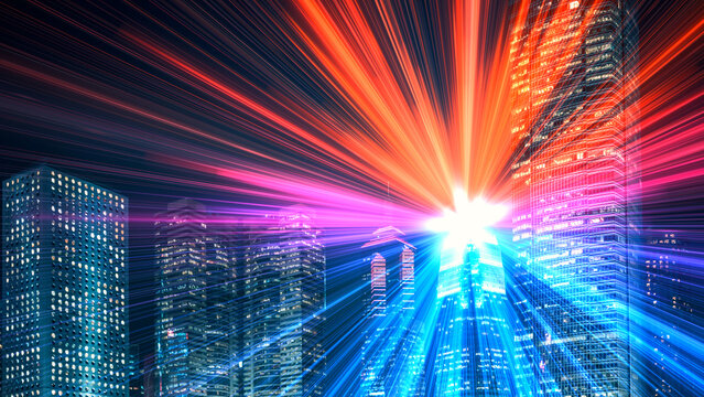Dynamic 3D render of a brightly lit Hong Kong cityscape with motion effects