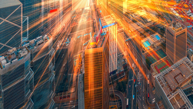 Dynamic 3D render of a brightly lit Hong Kong cityscape with motion blur effects
