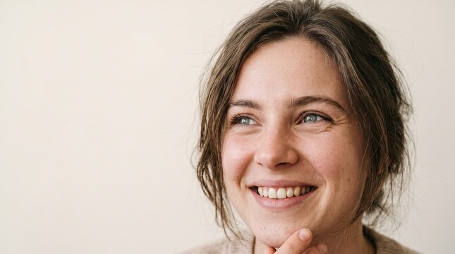 Portrait of a happy young woman laughing and looking away against a neutral background