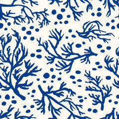 Fototapeta premium Blue organic coral seamless pattern on white background.