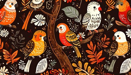 Naklejka premium Colorful Parakeet and Tropical Tree Batik Pattern with Botanical Leaves
