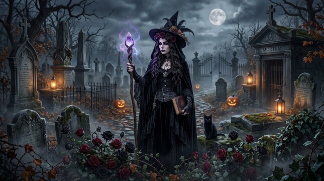 Gothic witch standing in spooky graveyard with glowing staff and black cat.