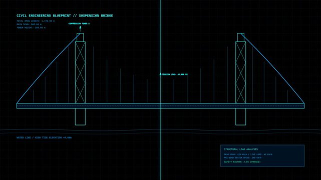 Digital Engineering Blueprint of a Suspension Bridge with Structural Load Analysis Data HUD