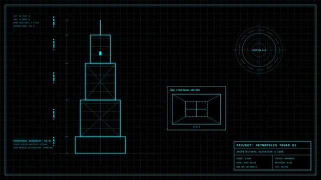Futuristic Architectural Blueprint Display with Structural Engineering Data and Building Elevation