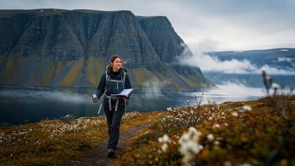 Fototapeta premium Woman hiking in rugged mountains by a scenic fjord. Researcher using GPS and notes to explore remote tundra landscape. Nature exploration concept, ideal for adventure travel and environmental ads.