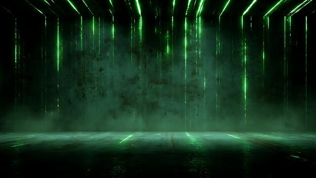 Dark textured wall and floor with vertical glowing green neon light streaks and smoke