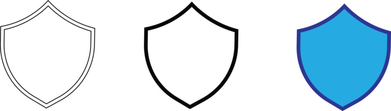 Three shield protection icons set in outline, solid black, and blue filled styles representing security, safety, privacy, defense, and protection for web interface and digital design