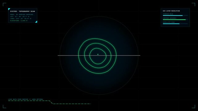Futuristic Digital Topography Scan Interface with Rotating Wireframe Globe and Data Metrics Overlay