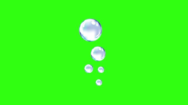 Group of realistic transparent water bubbles floating against a solid green background