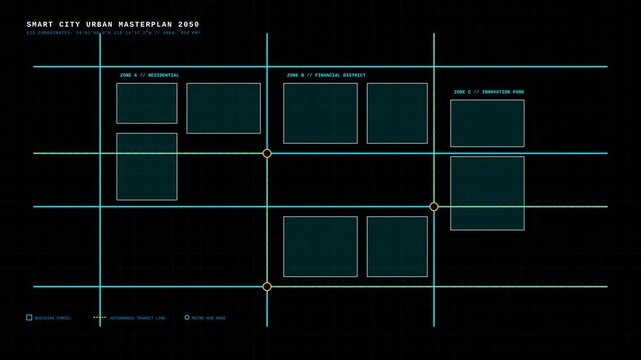 Futuristic Smart City Urban Masterplan Grid Interface Design with Data Layers and Transit Routes