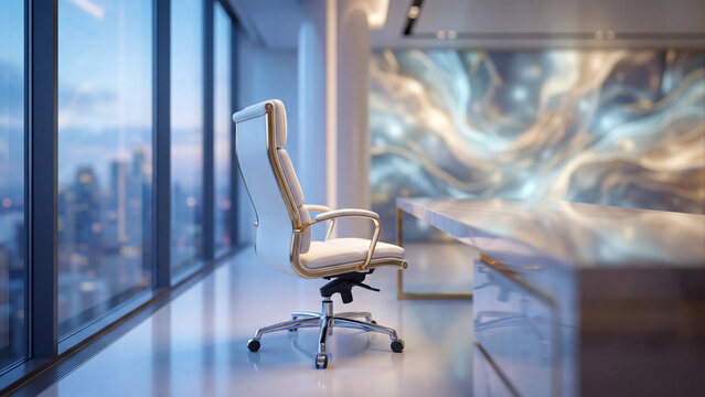Executive office chair stands neatly positioned beside a polished conference table inside a modern skyscraper overlooking a sweeping urban skyline.