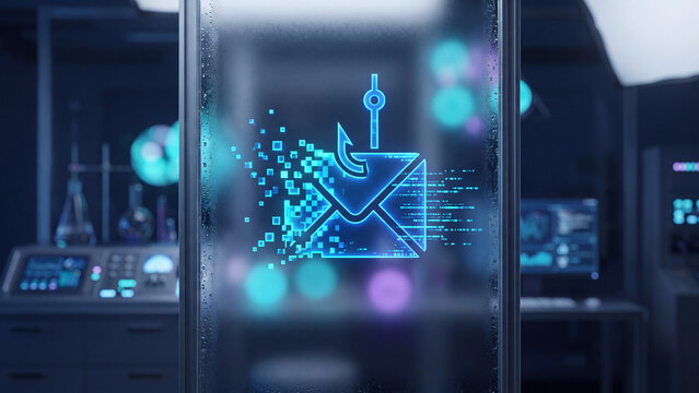 Cyber security concept showing email phishing attack with digital hook stealing data from a secure corporate server network.