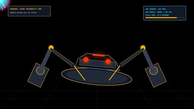 Industrial Robotic Welding Cell Animation Featuring High Intensity Arc Technology Interface Elements