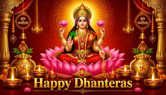 Goddess Lakshmi Happy Dhanteras festival banner with kalash and diya