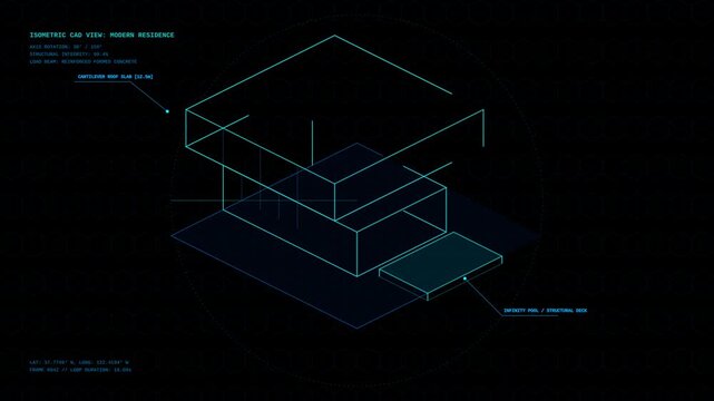 Isometric Cad View of a Modern Residential Architecture Design With Futuristic Digital Interface