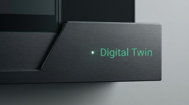 Digital Twin Label on Monitor Stand Close-Up With LED Light