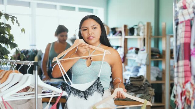Woman chooses dresses or o tops for the summer period in a fashionable clothing store. High quality 4k footage