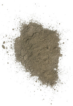 Natural grey cosmetic bentonite clay powder heap isolated transparent
